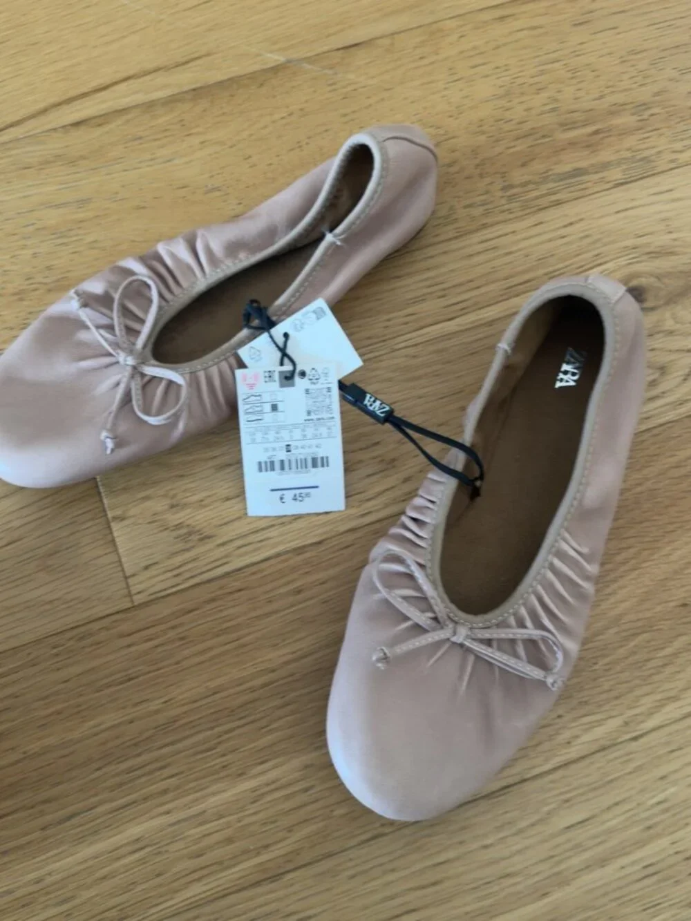 NWT Zara Blush Pink Leather Ruched Bow Ballet Flats 38